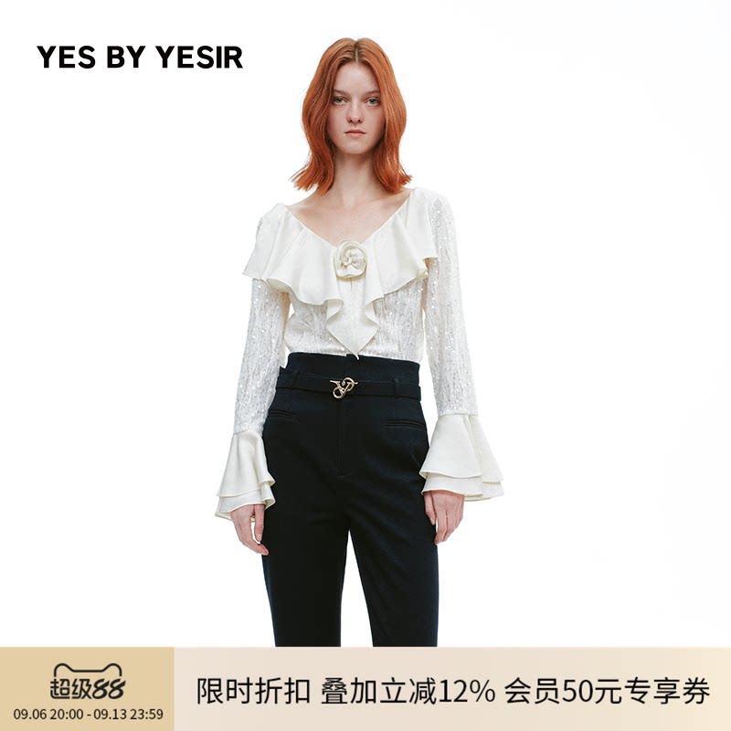 YESBYYESIR蕾丝荷叶边雪纺衫