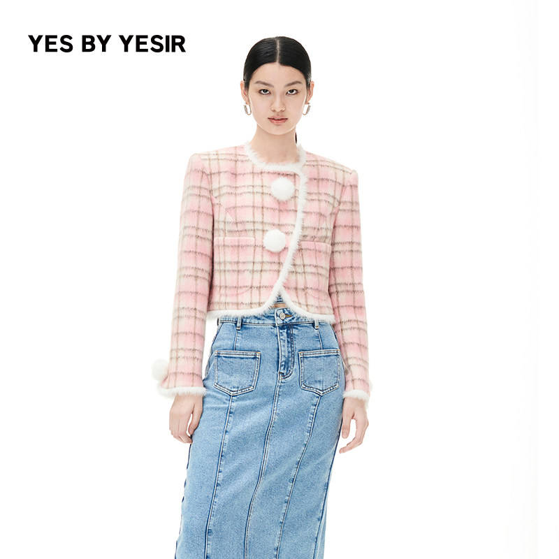YES BY YESIR叶谦原创设计师秋女士夹克粉色格格羊毛外套