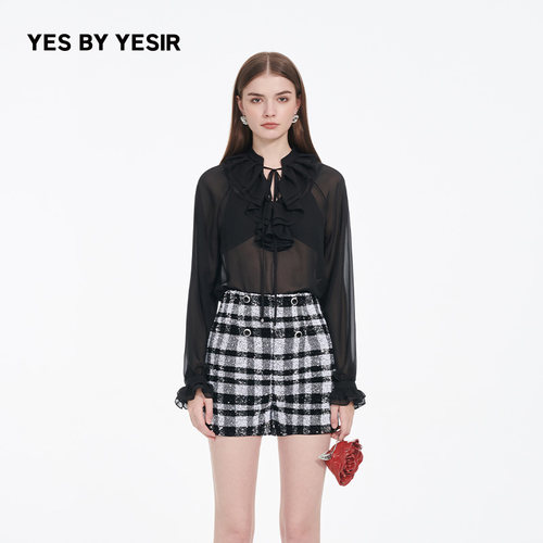 YESBYYESIR浪漫荷叶领透视衬衫