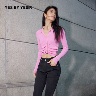YES YESIR叶谦原创设计师秋女短款 多巴胺腰精打褶针织衫