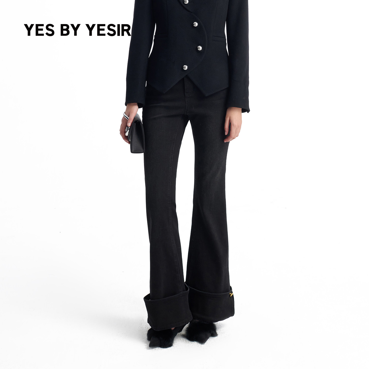 YESBYYESIRY字皮袢墨黑牛仔裤女