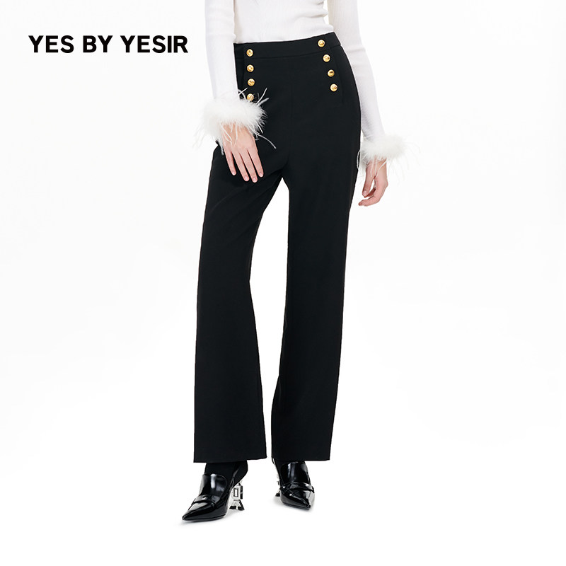 YES BY YESIR叶谦原创设计秋新款静奢黑金双排扣直筒西裤,女装/女士精品,西装裤/正装裤,淘宝优惠券,粉丝福利购,淘宝优惠卷