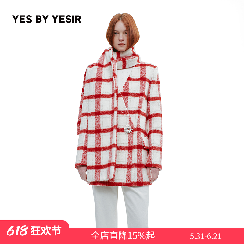 YES BY YESIR叶谦原创设计师冬新款红白格友会围裹领短大衣