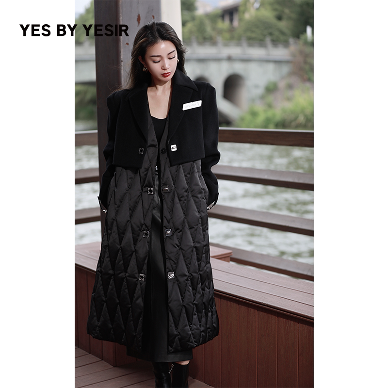 YES BY YESIR叶谦原创设计师冬新品鹅绒修身女黑色羽绒服真两件