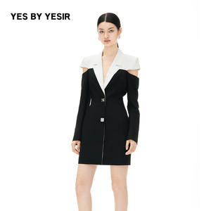YES BY YESIR叶谦原创设计师秋冬新款黑白配断连西装连衣裙