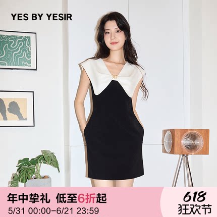 YES BY YESIR叶谦夏新款马戏团蝴蝶结领撞色无袖修身连衣裙