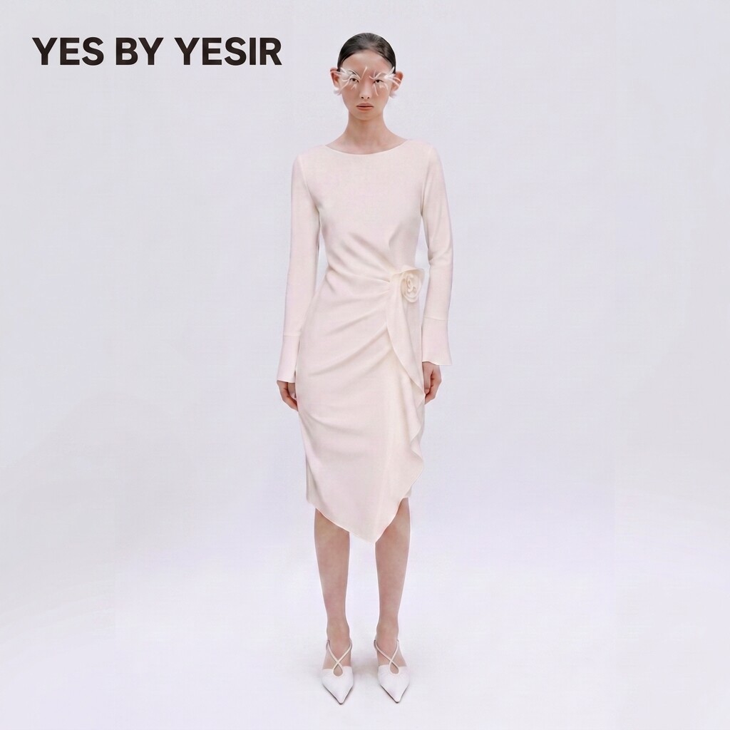 李一桐同款YES BY YESIR叶谦原创立体花朵摇曳之花长袖连衣裙