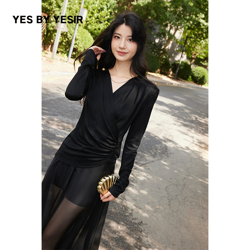 YESBYYESIR不对称抽褶V领上衣