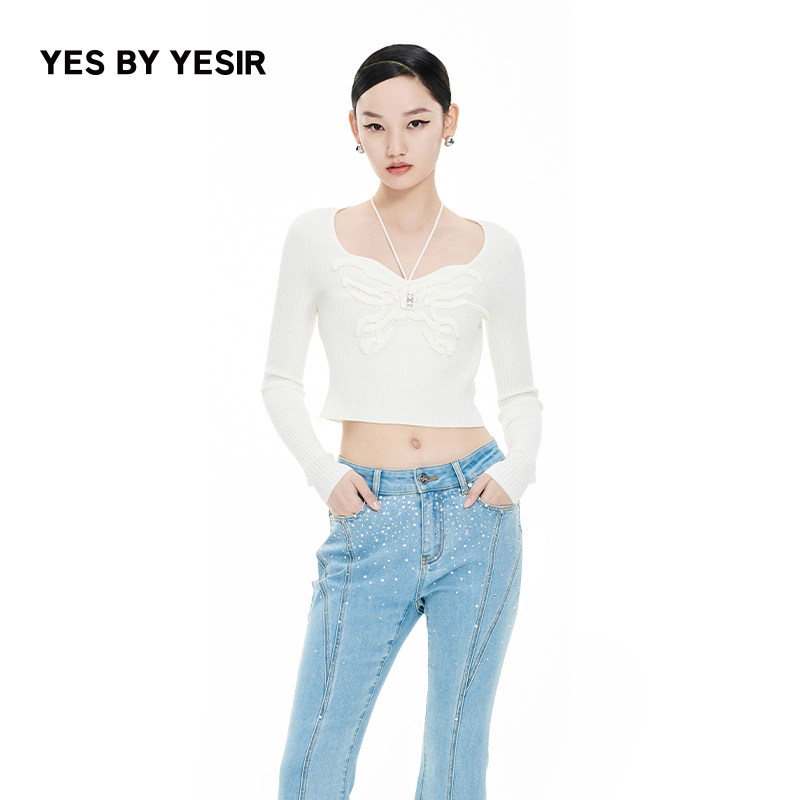 YES BY YESIR叶谦原创设计师2024春夏新款女士编织感蝴蝶套头毛衫