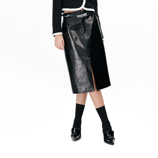 静奢仿皮开衩漆皮半身裙 YESIR叶谦原创设计秋新款 YES