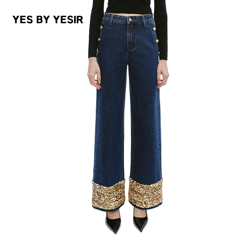 YES BY YESIR叶谦原创设计师2025年秋新款黄金时代珠片直筒牛仔裤,女装/女士精品,牛仔裤,淘宝优惠券,粉丝福利购,淘宝优惠卷