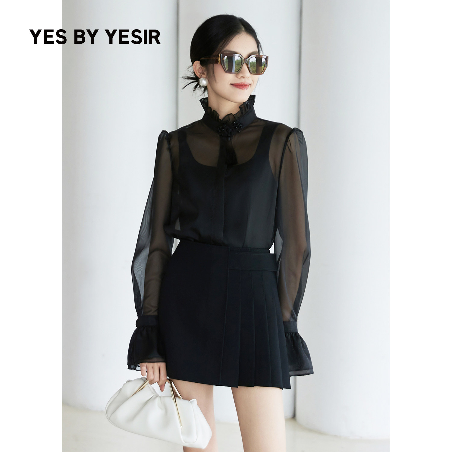 YESBYYESIR百褶短半裙日月环扣