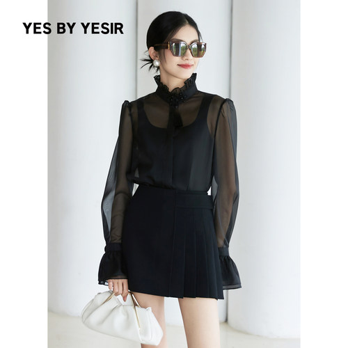YESBYYESIR百褶短半裙日月环扣