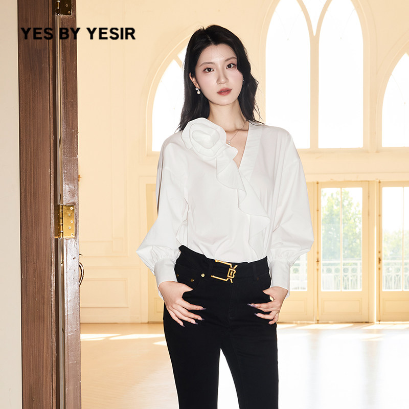 吕星辰同款YES BY YESIR叶谦原创25年秋新款不对称荷叶边玫瑰衬衫