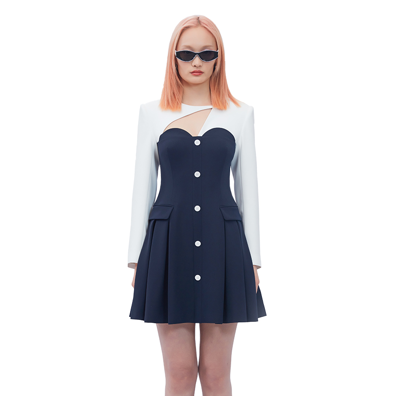 叶谦原创藏蓝色骑士连衣裙