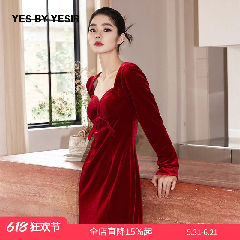 YES BY YESIR叶谦原创设计秋新款红珊瑚丝绒蝴蝶结轻礼服鱼尾裙
