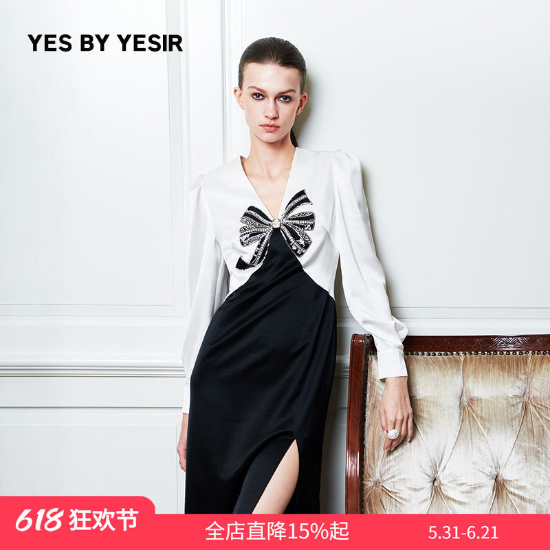 YES BY YESIR叶谦原创设计秋新重工镶钻蝴蝶结轻礼服连衣裙