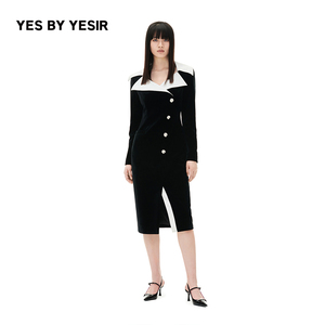YES BY YESIR叶谦原创设计师秋新品暗夜丝绒修身简约连衣裙