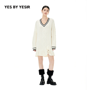 汪睿同款YES BY YESIR叶谦原创设计师秋浮雕V领针织连衣裙
