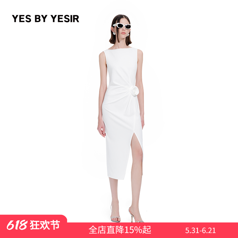 王子文&关晓彤同款YES BY YESIR叶谦夏新款立体花朵开衩连衣裙