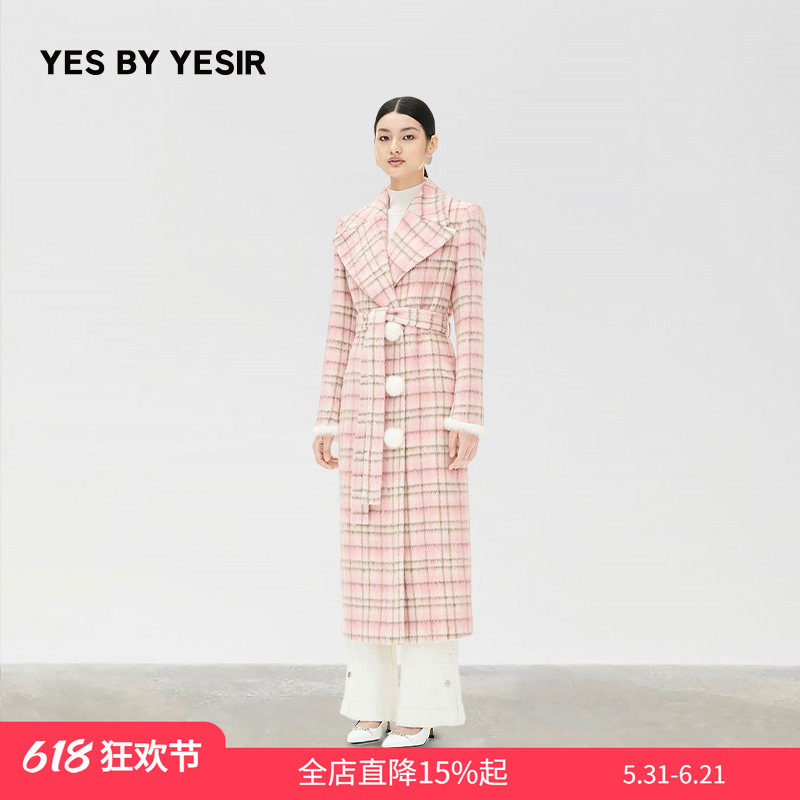 YES BY YESIR叶谦原创设计师冬女优雅粉色格格羊毛毛呢大衣