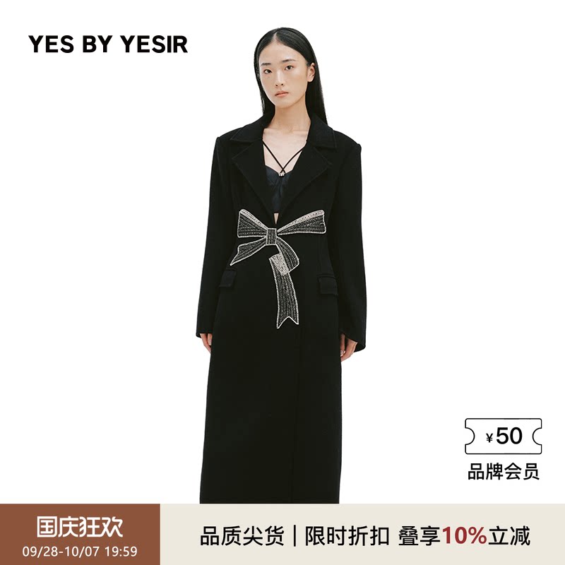 YES BY YESIR叶谦原创设计师冬新款重工蝴蝶结长款端庄毛呢大衣