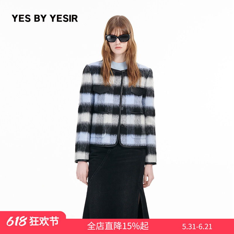 YES BY YESIR叶谦原创设计冬新款静谧蓝格长毛呢拼皮夹克