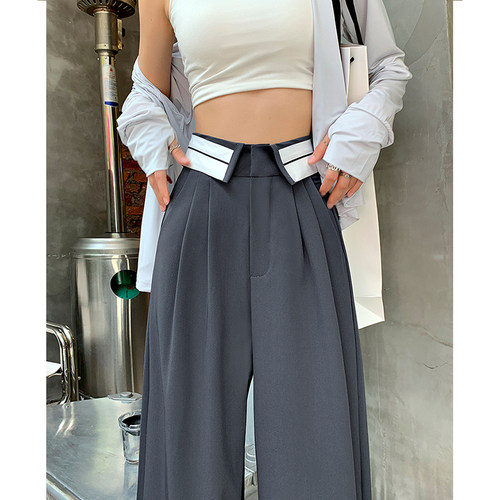 高级垂感高腰灰色窄版西装阔腿裤