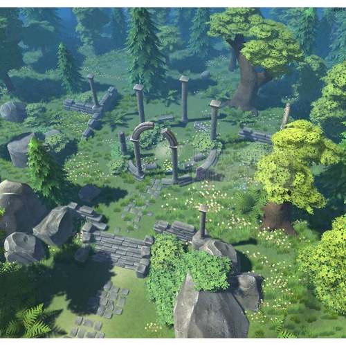 Unity3D卡通失落遗忘大陆遗迹植物树木岩石梦幻精美场景模型U3D