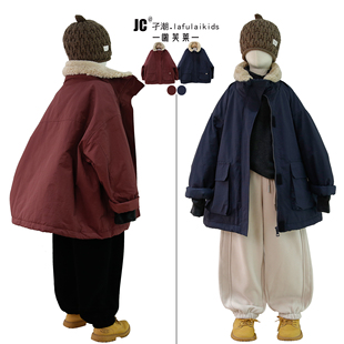 啦芙莱童装2025冬季新款儿童夹棉外套男女童保暖羊羔毛领风衣7519