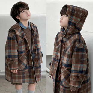 啦芙莱2024冬季新款男女儿童装连帽格子羊绒大衣潮宝毛呢外套7899