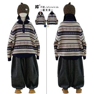 儿童高翻领提花毛衣男宝花色套头衫 新款 潮6252 2025冬季 啦芙莱童装