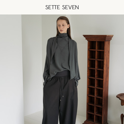 SETTE SEVEN松弛感高腰阔腿裤女2026早秋松紧腰抽绳休闲直筒长裤
