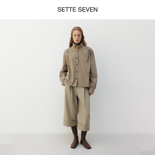 SETTE SEVEN卡其色翻边阔腿裤女秋季高腰宽松直筒休闲工装七分裤