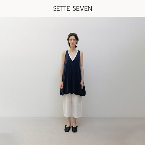 SETTE SEVEN春夏V领假两件无袖连衣裙女显瘦慵懒风叠穿时尚马甲裙
