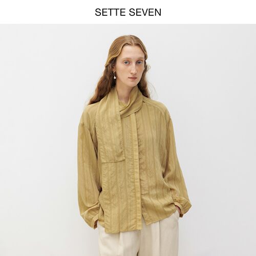 SETTE SEVEN法式复古飘带衬衫女秋季卡其色肌理感衬衣高级感上衣