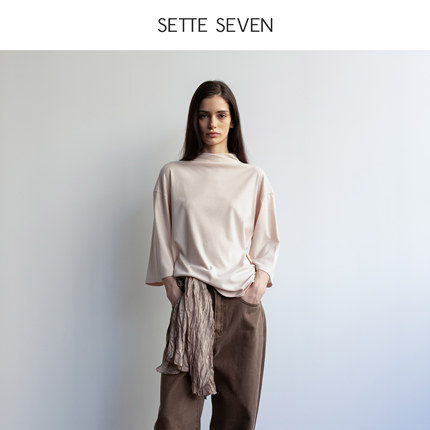 SETTE SEVEN小立领八分袖遮肉纯色T恤女天丝亲肤休闲百搭打底小衫