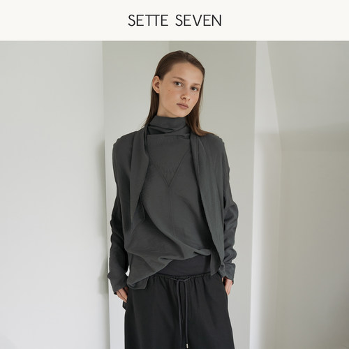 SETTE SEVEN高级感灰色飘带衬衫女2026秋季气质荡领长袖通勤上衣