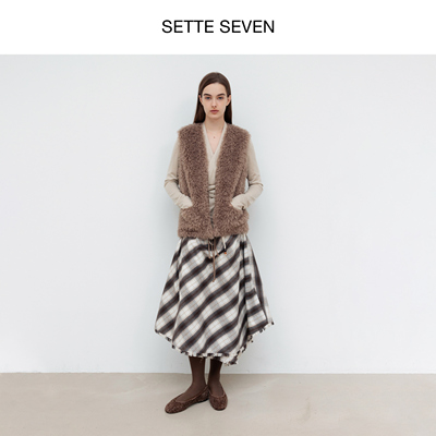 SETTE SEVEN·复古解构白格纹不规则半身裙女秋冬季毛边下摆半裙