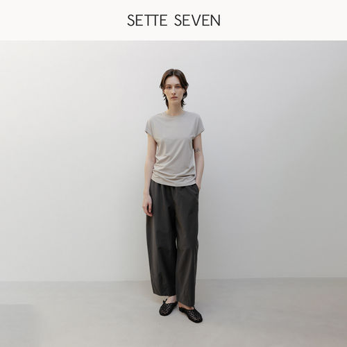 SETTE SEVEN深灰色松紧腰阔腿裤女春夏高腰显瘦九分裤休闲气球裤