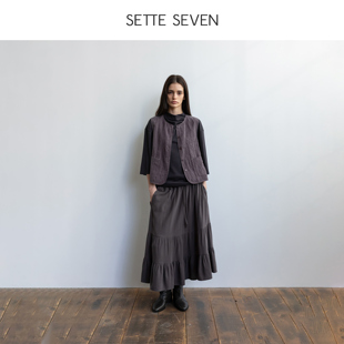 SETTE SEVEN·灰色松紧腰蛋糕裙女2026春季新款垂感荷叶边半身裙