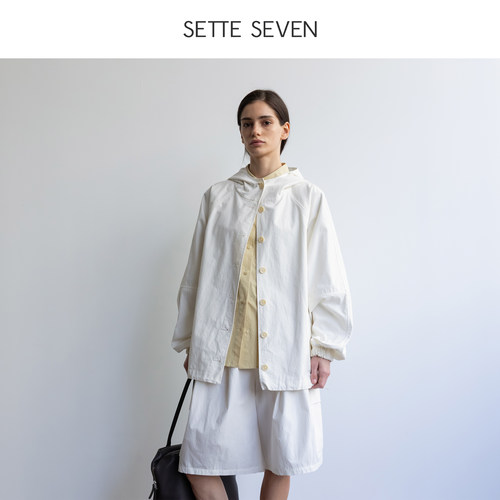 SETTE SEVEN白色连帽衬衣女秋季宽松显瘦休闲外套单排扣气质上衣