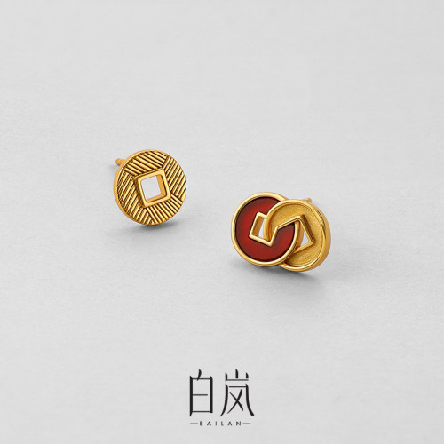 白岚红玛瑙钱币耳钉925银耳饰本命年红色饰品ED4836