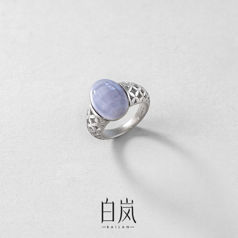 白岚花砖蓝纹玛瑙戒指925银轻奢高级新款独特精致饰品首饰QL4247