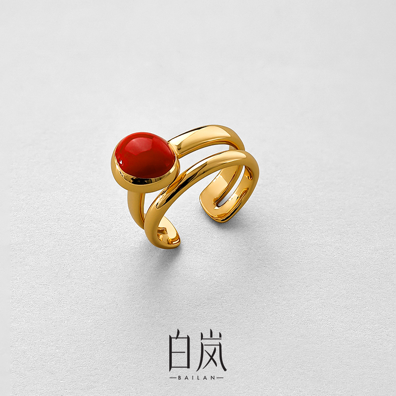 白岚红豆戒指925纯银珐琅食指戒