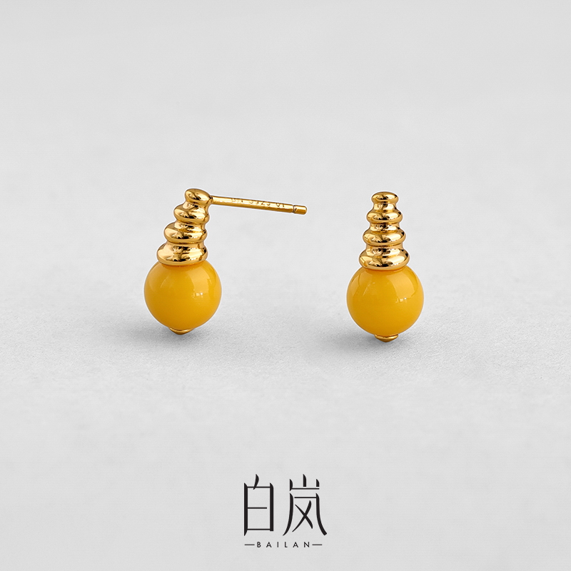 白岚环纹蜜蜡耳钉女简约气质耳饰