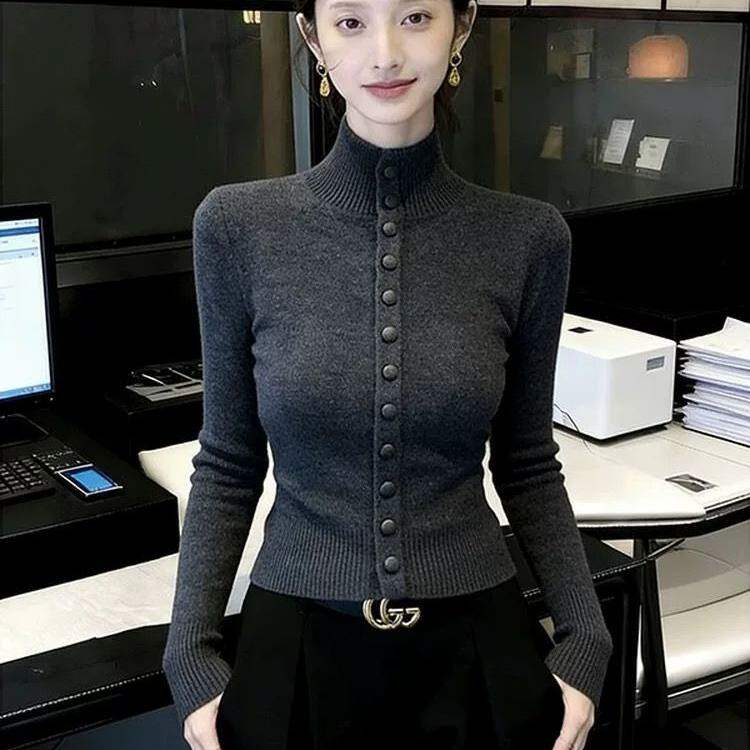 高领排扣针织衫女修身套头毛衣洋毛针织衫