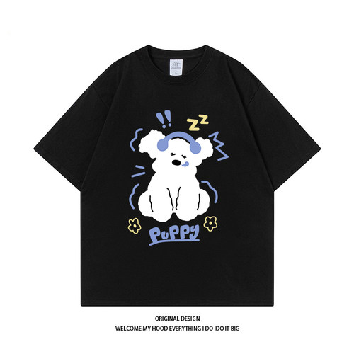 CHRY STUDIO潮牌趣味音乐小狗印花情侣同款街头百搭宽松复古短袖T