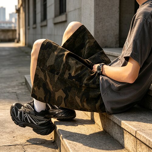2026夏季新款美式水洗工装短裤休闲迷彩低腰抽绳宽松喇叭裤五分裤