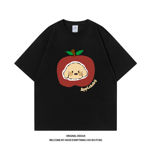 CHRY STUDIO趣味ins卡通苹果小狗印花短袖情侣款圆领宽松百搭潮流